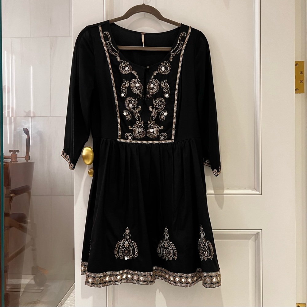 FREE PEOPLE BLACK EMBELLISHED FIT AND FLARE DRESS